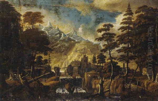 A Mountainous Wooded Landscape With A Wooded Bridge Over A River - view 1