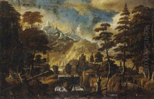 A Mountainous Wooded Landscape With A Wooded Bridge Over A River by Jan Looten