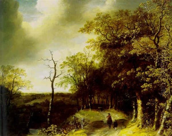 A Wooded Landscape With Travellers On A Path With A Huntsman Taking Aim In The Foreground - view 1