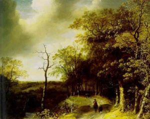 A Wooded Landscape With Travellers On A Path With A Huntsman Taking Aim In The Foreground by Jan Looten