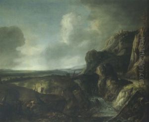 A Mountainous River Landscape With Travellers On A Path Overlooking A Waterfall, A Ruined Castle On An Outcrop Beyond by Jan Looten