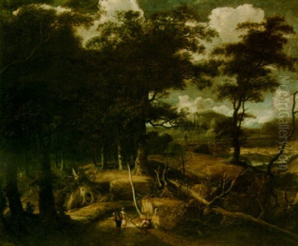 An Extensive Wooded Landscape With Travellers On A Path - view 1