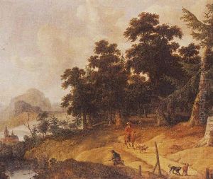 A Wooded Landscape With Huntsmen On A Path, A View Of A River And Mountains Beyond