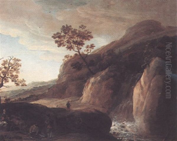 Rocky River Landscape With Herders And Cattle Beside A Waterfall - view 1