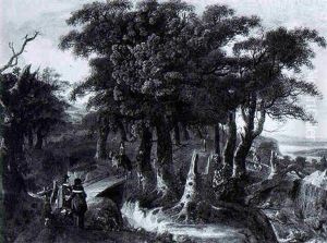 An Elegant Couple Watching A Traveller Crossing A Bridge In A Wood by Jan Looten