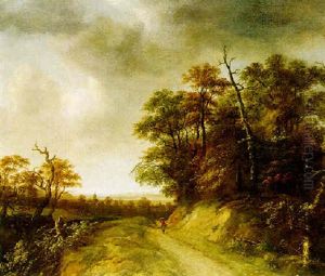 A Wooded Landscape With A Woman On A Path, A Town Beyond by Jan Looten