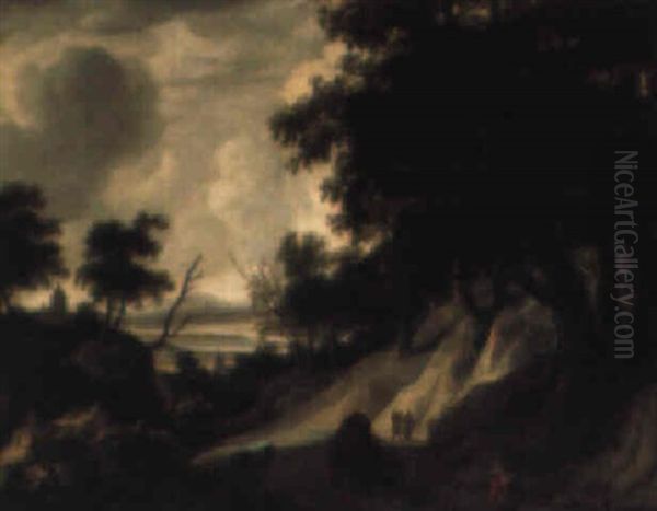 An Extensive Rocky Landscape With Travellers On A Track, A Castle And River - view 1