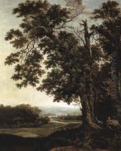 A Wooded River Landscape With Goats Grazing by Jan Looten