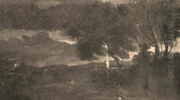 An Extensive Landscape With A Storm Coming On And Travellers Under Trees - view 1