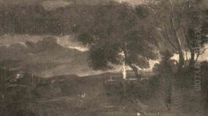 An Extensive Landscape With A Storm Coming On And Travellers Under Trees by Jan Looten