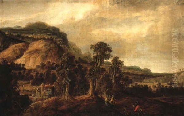 A Mountainous Landscape With Travellers And Cavalrymen On A Road - view 1