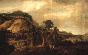 A Mountainous Landscape With Travellers And Cavalrymen On A Road by Jan Looten