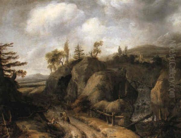 A Rocky Landscape With A Waterfall And A Beggar - view 1