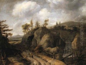 A Rocky Landscape With A Waterfall And A Beggar