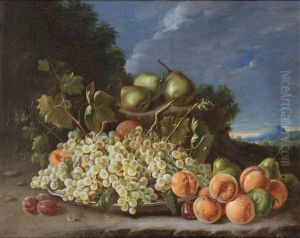 Bodegon De Uvas, Melocotones, Ciruelas Y Peras Ante Un Paisaje