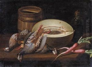 Still Life With A Melon, Radishes, Partridges, A Small Barrel And A Bottle Of Wine On A Wooden Table