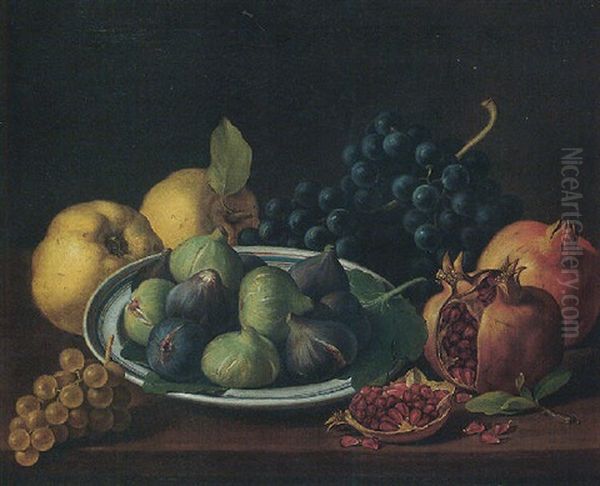 Still Life Of Figs In A Ceramic Bowl, Together With Pomegranates, Grapes And Apples On A Wooded Tabletop - view 1
