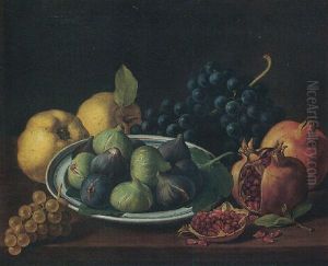 Still Life Of Figs In A Ceramic Bowl, Together With Pomegranates, Grapes And Apples On A Wooded Tabletop by Jose Lopez Enguidanos