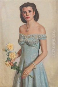 Cuban Beauty In A Blue Dress Holding Yellow Roses by Jose Maria Lopez Mezquita