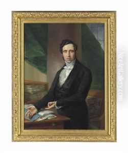 Portrait Of A Gentleman, Half-length, In A Black Silk Waistcoat And A Jacket, With A White, Ruffled Shirt And A Diamond Brooch, Gesturing Towards An Open Book On A Table