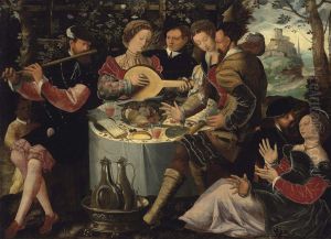 An Elegant Company With Musicians Seated At A Table With Fruit And Wine, In A Landscape by Ambrosius Benson