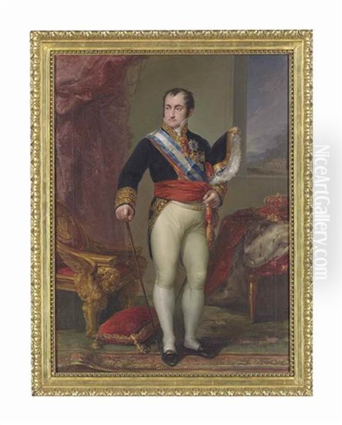 Portrait Of King Ferdinand Vii Of Spain (1784-1833), Small Full-length, In The Uniform Of Capitan General, Wearing The Order Of The Golden Fleece And Other Orders, Before A Draped Table With The Spanish Regalia - view 1