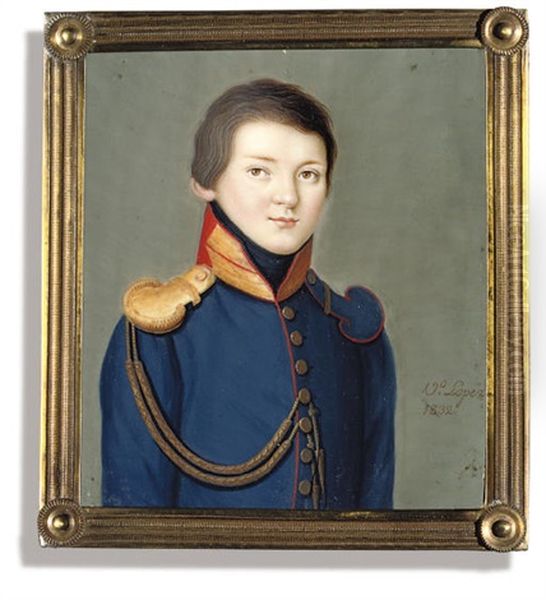 A Boy, In Red-piped Blue Uniform, Gold Embroidered Red Collar, Gold Epaulette And Anguillette - view 1