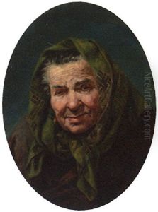 Portrait Of An Elderly Lady In A Dark Green Head-scarf And Brown Coat