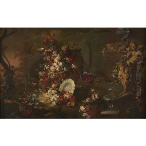 Outdoor Still Life With Mixed Flowers And A Sculpted Putto Fountain