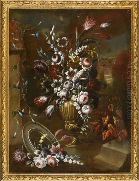 Bouquet De Fleurs Dans Un Vase, Pres D'une Fontaine ; Bouquet De Fleurs Dans Un Vase Devant Un Paysage (2 Works) - view 1