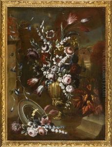 Bouquet De Fleurs Dans Un Vase, Pres D'une Fontaine ; Bouquet De Fleurs Dans Un Vase Devant Un Paysage (2 Works) by Gasparo Lopez