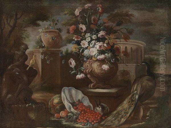 Grosses Blumen- Und Fruchtestillleben Mit Singvogel Und Pfau - view 1