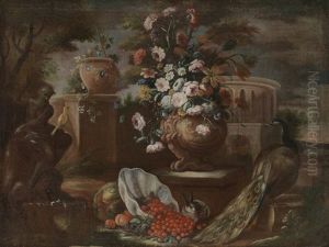 Grosses Blumen- Und Fruchtestillleben Mit Singvogel Und Pfau