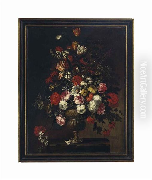 Roses, Hydrangea, Tulips And Other Flowers In An Urn Sitting On A Table - view 1