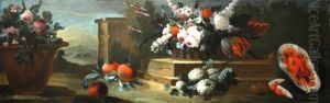 A Floral Still Life With A Watermelon In A Garden Landscape; A Floral Still Life With Fruit In A Garden Landscape