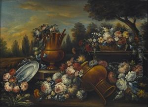 Flowers, Vases And A Parrot In A Landscape; Flowers And Urns In A Landscape (a Pair)