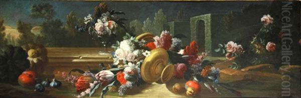 A Floral Still Life With A Watermelon In A Garden Landscape; A Floral Still Life With Fruit In A Garden Landscape (a Pair) - view 1