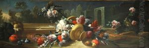A Floral Still Life With A Watermelon In A Garden Landscape; A Floral Still Life With Fruit In A Garden Landscape (a Pair) by Gasparo Lopez
