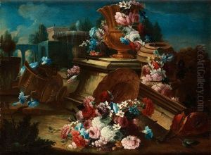 Still Life With Flowers, Urns And A Basket In A Landscape by Gasparo Lopez