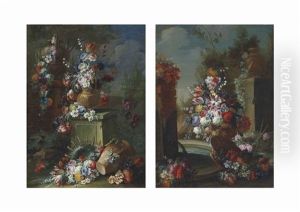 Roses, Tulips, Carnations, Snowballs And Other Flowers In An Urn By A Fountain, With Chrysanthemums, Carnations, Roses...; And Tulips, Roses, Carnations...(2 Works) by Gasparo Lopez