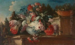 Ein Paar Blumen- Und Fruchtestillleben Auf Einer Steinbrustung In Einer Parklandschaft by Gasparo Lopez