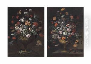 Parrot Tulips, Roses, Carnations And Other Flowers In A Carved Giltwood Vase On A Stone Ledge (+ Anemones, Roses, Orange Blossoms And Other Flowers In A Vase With Plums On A Stone Ledge; Pair) by Gasparo Lopez