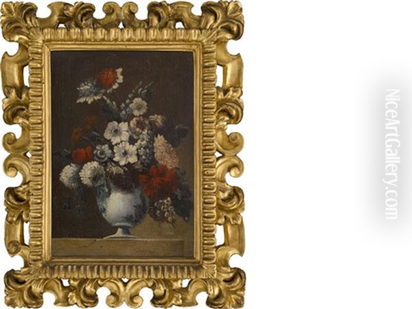 A Still Life Of Flowers In A Porcelain Vase On A Ledge - view 1