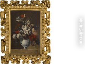A Still Life Of Flowers In A Porcelain Vase On A Ledge by Gasparo Lopez