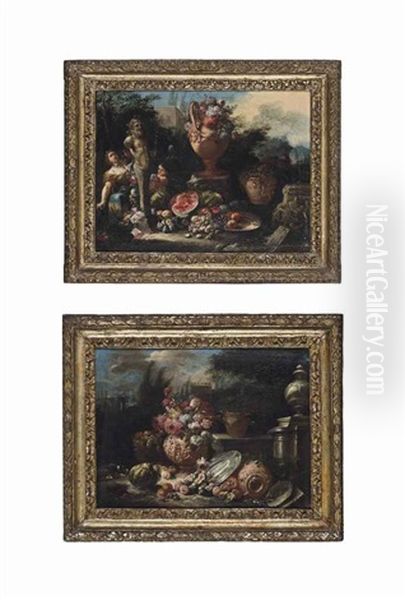 A Classical Italianate Landscape With Watermelons, Figs, Grapes... (+ A Classical Italianate Landscape With Flowers In A Sculpted Urn...; Pair) - view 1