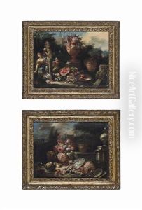 A Classical Italianate Landscape With Watermelons, Figs, Grapes... (+ A Classical Italianate Landscape With Flowers In A Sculpted Urn...; Pair)