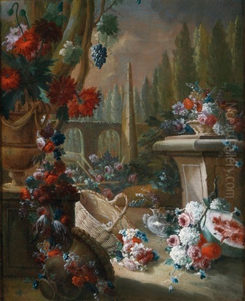 Blumen- Und Fruchtestillleben Vor Einer Parklandschaft - view 1