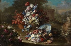 Bouquets De Fleurs Pres D'un Arbre Et Bouquet De Fleurs Avec Une Assiette En Porcelaine (pair) by Gasparo Lopez