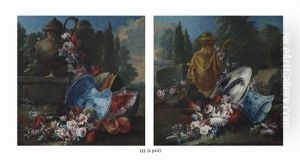 Roses, Peonies And Other Flowers, A Floral Wreath Draped Around An Urn...; Roses, Peonies, A Parrot Tulip And Other Flowers, A Silver Platter... (pair) by Gasparo Lopez