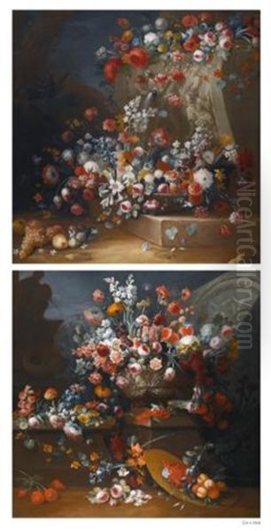 An Outdoor Still Life With Flowers On A Fountain And On A Ledge; An Outdoor Still Life With Flowers In A Vase On A Ledge, A Straw Hat Filled With Fruit On The Floor (pair) - view 1